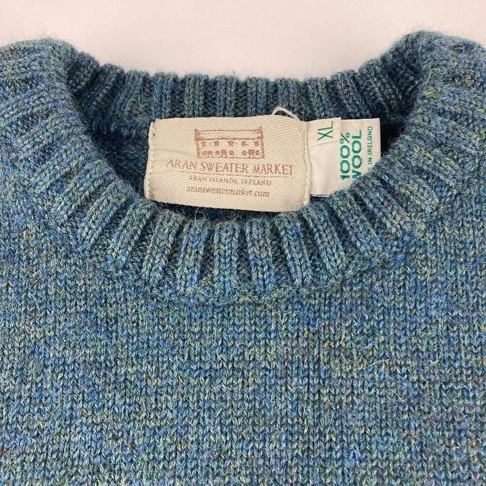 Aran Sweater Market Mens XL 100% Wool Ireland Blue Crewneck Sweater Irish